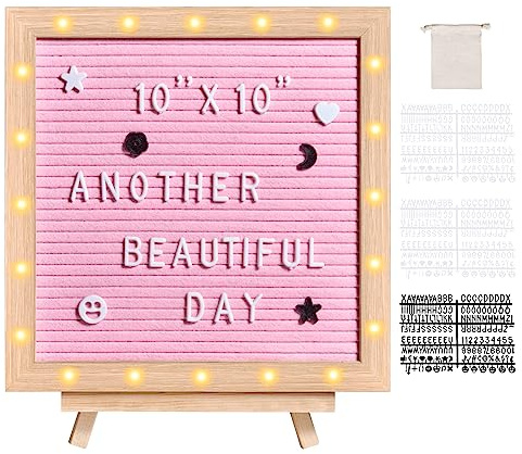 VEVOR Pink Felt Letter Board, 10x10 Felt Message Board, Changeable Sign Boards with 510 Letters, Stand, and Built-in LED Lights, Baby Announcement Sign for Home Classroom Office Decor Wedding