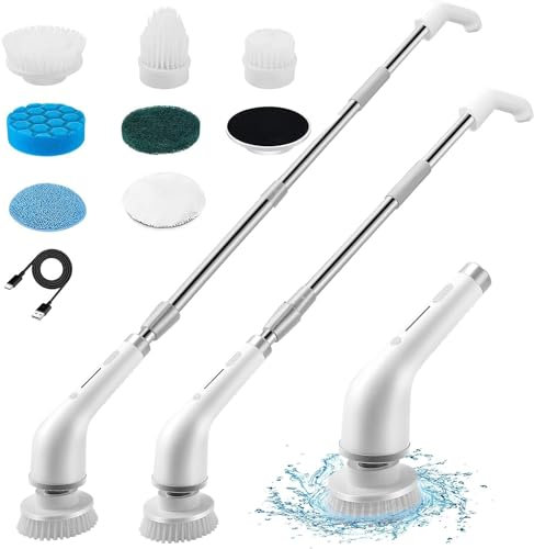 Alivio 8 In 1 Electric Spin Scrubber, Cordless Cleaning Brush with 7 Replaceable Brush Heads, Adjustable 30-137cm Handle for Cleaning Window, Car Surface, Corners, Heavy Oil Stain