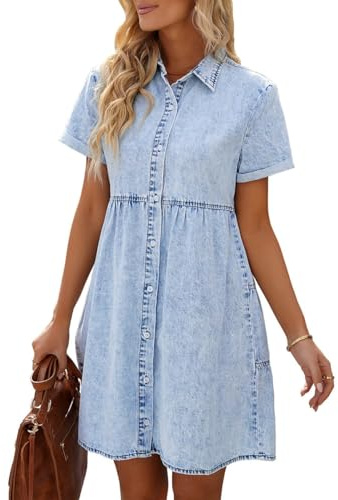 Vetinee Jeanskleid Damen Sommer T-Shirt Kleid Damen Roadknight Blau S