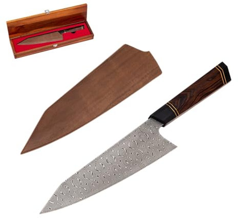 BABOSSA® Damast Chefmesser 21.5cm aus 110 Schichten echtem Damaszener Stahl mit Wüsteneisenholzgriff | Inkl. hochwertiger Box aus Akazienholz und Messerscheide aus Walnussholz