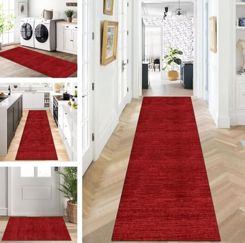 ZUZEKU Abstrakte Läufer Flur Küche Waschbar rutschfest 120X500cm Vintage Rot Lang Küchenteppich Flurteppich Teppich Fur Korridor Wohnzimmer Schlafzimmer Meterware Anpassbar
