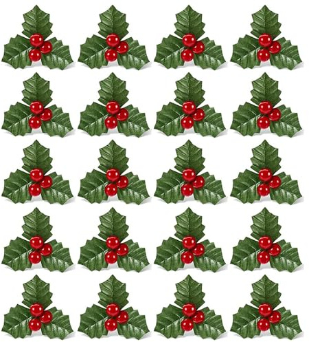 HUPOO 20 Pieces Christmas Holly Berries Faux Red Berry Flowers for Christmas Wreath Arrangement Fillers Party Christmas Vase Fillers Floating Candle Centerpiece Decorations.