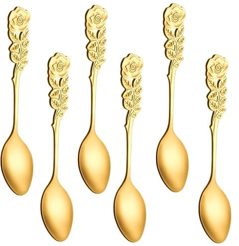 LINSIBEI 6 PCS Vintage Mini Coffee Spoons With Creative Rose Handle - Stainless Steel Small Tea and Dessert Spoons for Stirring - Nordic Household Kitchen Tableware