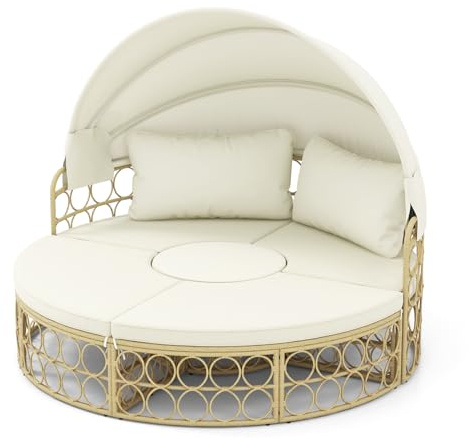 COSTWAY Cama Balinesa Exterior Jardin, Redondo con Dosel Retráctil, Tumbona Isla de Ratán, Cojines Suaves, Asientos Seccionales Separados, 180x180x150 cm, Beige