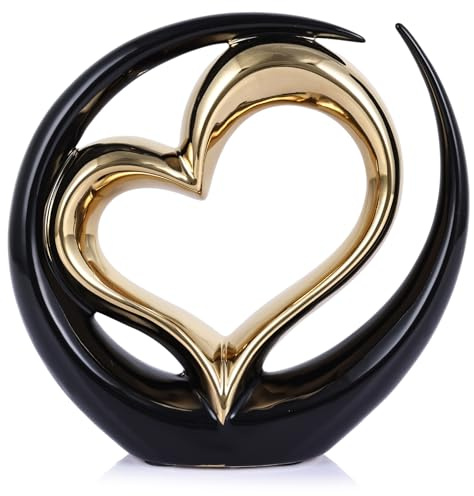 oliruim Statua decorativa a forma di cuore in ceramica, scultura nera con doppio cuore per la casa, centrotavola, San Valentino, matrimonio, oggetti decorativi per mensole, tavolino da caffè