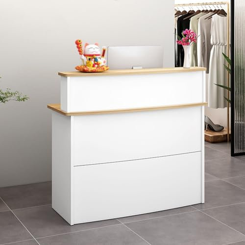 Moderno escritorio de recepción con cajones con cerradura para salón de belleza, supermercado, tienda de ropa, tienda de té y empresa, color blanco + nogal claro, 100 cm