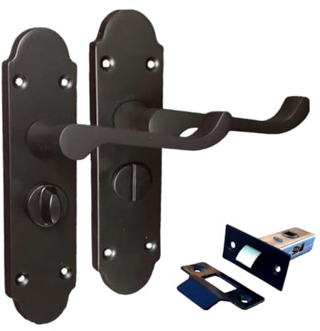 Epsom Door Handle Victorian Style Matt Black Bathroom Door Handle Set – Lever on Backplate – Includes Privacy Lock & Tubular Latch – 1 Pair