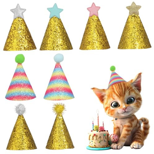 Happyyami Haustier-Set Mit 8 Pompom-geburtstagshüten Für Und Katzen Glitzer Und Elastisches Band Kopfbedeckung Lustiges Event-Accessoire Zufällige Farbe