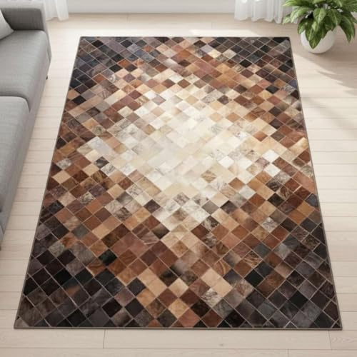 SN ALEFHOME Cowhide Leather Patchwork Area Rug 6×9 ft – Natural Patterned Area Carpet with Non-Slip Back, Durable Edges & Modern Rustic Design for Living Room, Bedroom, Dining & Kids playroom, Brown