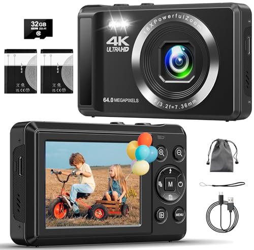 ZMOQNG Digital Camera 4K 64MP Autofocus with 32GB SD Card, 2.8 Screen Compact Vlogging Camera with 1200 mAh Battery, for Kids & Beginners