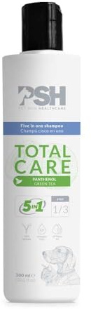 PSH Total Care 5-in-1 – Hundeshampoo mit Conditioner – Reinigt, pflegt, konditioniert und gibt Volumen – Mit Panthenol und Grünteeextrakt – Alle Rassen – Vegan – 300 ml