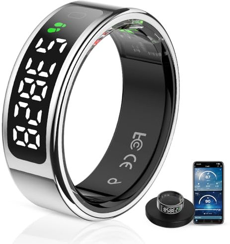 LCD Display Smart Ring - Sleep Tracker Touch Control Ring with Heart Rate/Blood Oxygen/Step Counter, Wireless Charging Dock, 5ATM Waterproof Fitness Tracker, No Subscription Fee for iOS/Android