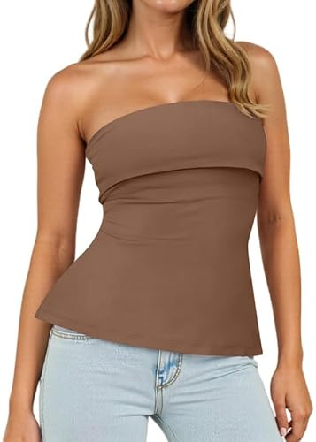 Sukiglam Tops De Tubo para Mujer Camiseta Sin Tirantes Verano Sexy Crop Top Bandeau con Hombros Descubiertos Elástica Busto de Doble Capa Y2k Shirt Tunic Camisetas Sin Mangas Hendidura en el Lado