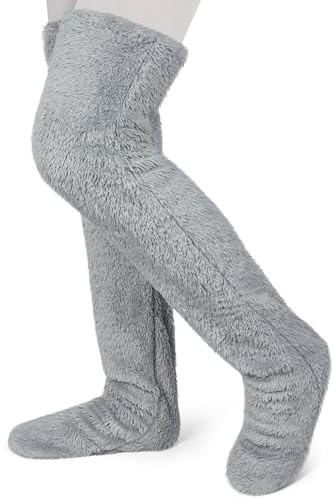Becellen Långa fodrade fleecestrumpor, termisk fleece Overknee strumpor dam korall fleece över knäna söta fluffiga knästrumpor för män och kvinnor, Ljusgrå, one size