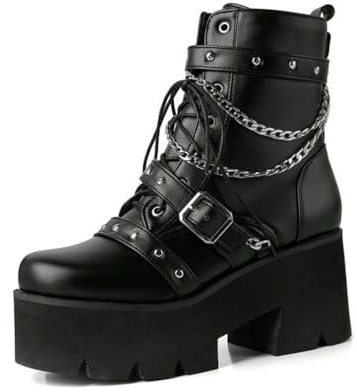 LRMYMHY Femmes Goth Patent Cheville Bottes Plate-Forme Chunky Bloc Talon Lacet Combat Punk Bottines Courtes,Noir,37 EU