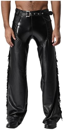 Alvivi Mens Fringe Western Cowboy Costume Tassels Open Crotch Motorcycle Chaps Pants Trousers Black Small