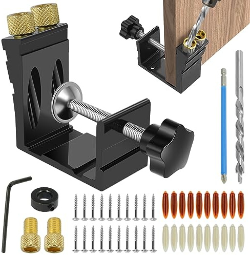 47Pcs Pocket Hole Jig Kit, Metal Drill Punch Positioner Set with Drive Bit for 15 Degree Angled Holes & Two-Way Tilt, Angle Joint Locator Tool for Carpenter DIY Joinery Woodworking