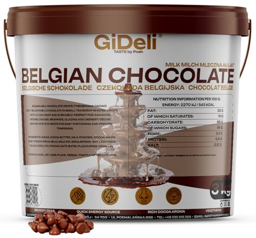 GiDeli Belgische Schokolade 3kg im Eimer - Pralinen Chips, Schokodrops - Vollmilch-Kuvertüre - Perfekt für Schokofondue, Backen, Schokobrunnen, Desserts & Glasuren