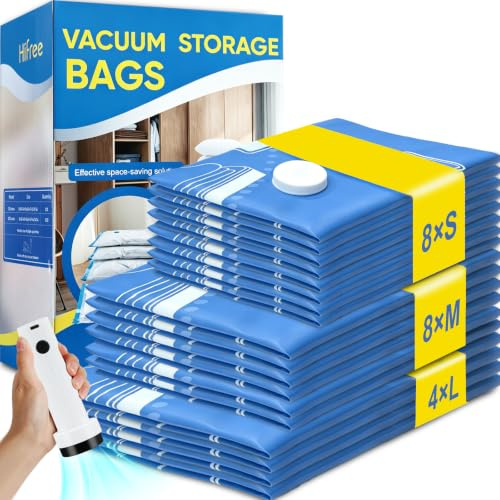 Hifree Vakuumbeutel für Kleidung Reise mit Akku-Vakuumpumpe 20 Stück, S/M/L | 4L(54*74cm),8M(47*64cm),8S(40*54cm), für Reisekoffer, tägliche & saisonale Kleidung, langlebig & wiederverwendbar