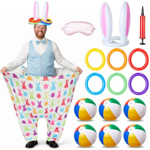Chitidr Easter Tossing Game, Granny Pant with 6 Beach Ball, Inflatable Bunny Ear Ring Toss Game with 6 Rings and A Eye Mask 2-in-1 Easter Party Supplies for Office Holiday Family Outdoor Indoor