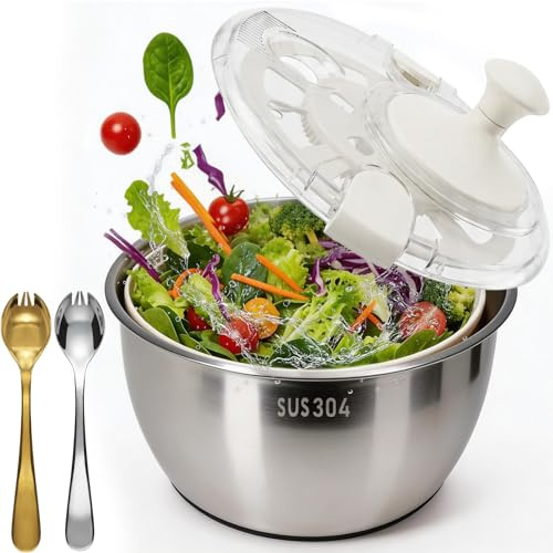 ANVINKU 5L Große Salatschleuder Edelstahl mit Deckel & rutschfest | 3-in-1: Waschen, Schleudern & Servieren.304 Edelstahl, BPA-frei, spülmaschinenfest.Inkl.2 Edelstahllöffel