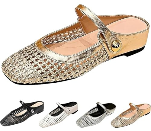 GHTRHSB Pantofole Mary Jane da donna con punta quadrata in tessuto a rete cava casual piatto DressyBackless mocassini morbidi punta chiusa slip-on ballerine pantofole, Oro, 38 EU