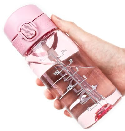 OLDLEY Kids Water Bottles with Straw 420ml/14oz Leakproof Tritan Water Bottle for School with Handle BPA Free Time Marker Sports Drinking Bottle for Boys Girls (Pink)