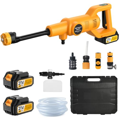 Akku Hochdruckreiniger, 85 Bar/1200PSI, 21V, 2X 4,0 Ah Akku | Bürstenloser Motor, Schnellladegerät, Verstellbare Schaumkanone, Für Autowäsche, Hausreinigung, Terrasse, Zaun