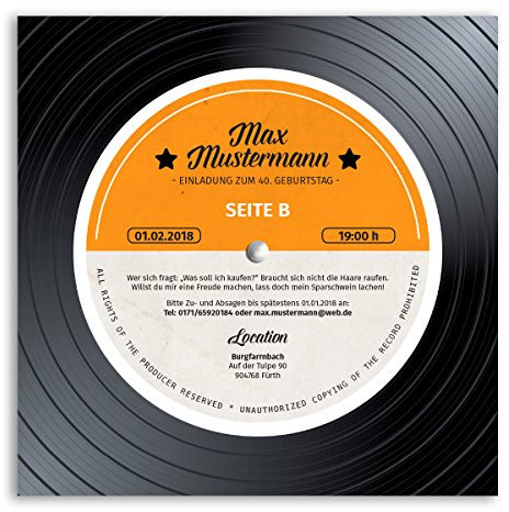 (60 x) Einladungskarten Geburtstag Schallplatte Musik Scheibe Vinyl LP Einladungen