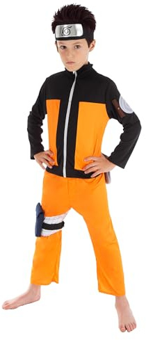 Chaks - Costume Naruto pour garçon, tenue officielle Naruto Anime, 5 pièces avec haut, pantalon et accessoires, carnaval et Comic Con, 128, Orange, Noir