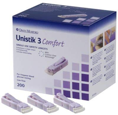 Unistik 3 AUAT1044 Single Use Safety Lancet, Comfort, 1.8mm Depth, Pack of 200