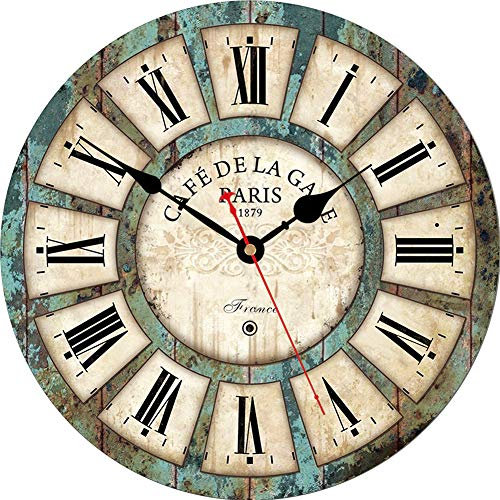 VIKMARI 14 Inch Silent Non-Ticking Rustic Wall Clock Roman Numerals Wooden Round Home Decorative Wall Clocks Battery Operated Indoor Vintage French Clocks