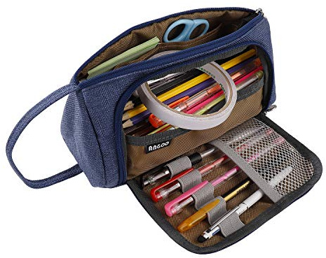 MengH-SHOP Large Capacity Pencil Case Pouch Multifunctional Canvas Pencil Bag Stationery Organizer Durable Pencil Case Pouch Cosmetic Pouch for Boys and Girls (Blue)