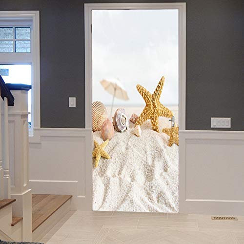 A.Monamour Türtapete Selbstklebend Türfolie Türposter 3D Strand Meer Seestern Muschelschalen Weißen Sand Tropischen Nautischen Vinyl Folie Türdeko Tapete Wandbild Türaufkleber Türtattoo 90 x 200 cm