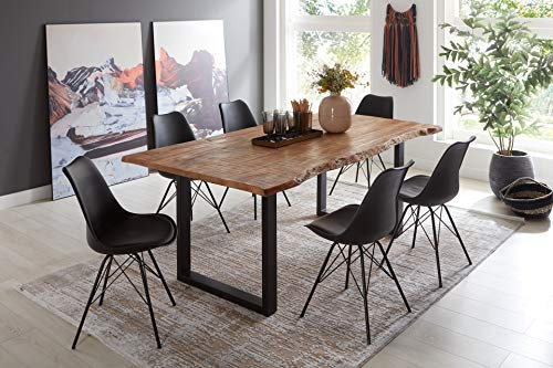 SAM 7tlg. Essgruppe Dora 160 x 85 cm, Mangoholz massiv & naturfarben, Baumkantentisch mit Metallgestell in Mattschwarz, echte Baumkante, + 6X Schalenstuhl Lerche in Schwarz
