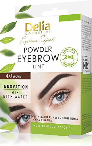 Delia Cosmetics Pulver-Augenbrauenfärbung - Braun - Natürliche Kräuter & Farbe - Betonte, verdunkelte, verdickte Augenbrauen - 20 einfache Anwendungen / 4 Wochen - Komplettes Augenbrauenfärbeset