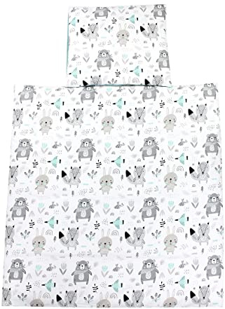 TupTam Wiegenset, Bären/Füchse/Mint, 80x80 cm | Baby 4-teilig Unisex Bettwäsche-Set: Bettdecke und Kopfkissen mit Bezug