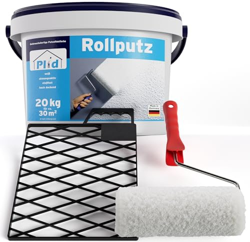 Plid Rollputz Weiß Matt 20 kg Set - Streichputz Innen & Außen | Atmungsaktiv & hochdeckend | Strukturputz & Dekorputz | Strukturfarbe innen Wand | ca. 30 m² | Made in Germany