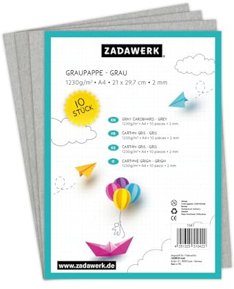 ZADAWERK® Carton gris - 2 mm - 1230 g/m² - DIN A4 - carton de reliure gris - 10 pièces d'épaisseur - carton de bricolage - de modélisme - d'insertion - d'archivage