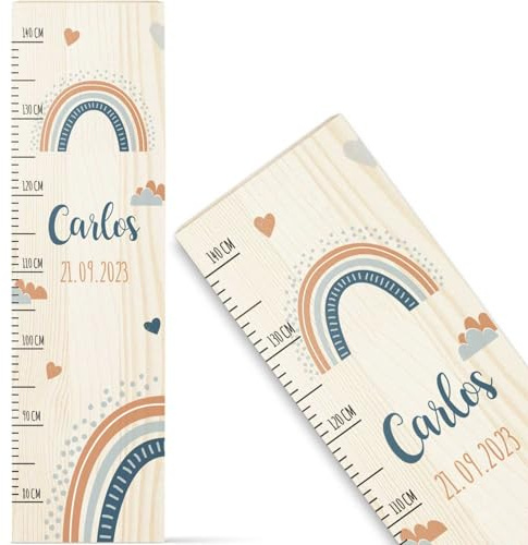 GRAVURZEILE Messlatte für Kinder aus Holz - Regenbogen Blau Design - mit Namen für Kinderzimmer - Skala misst 80-140 cm - Größe 20 x 70 x 2 cm - Geschenk zur Geburt für Mädchen & Jungen