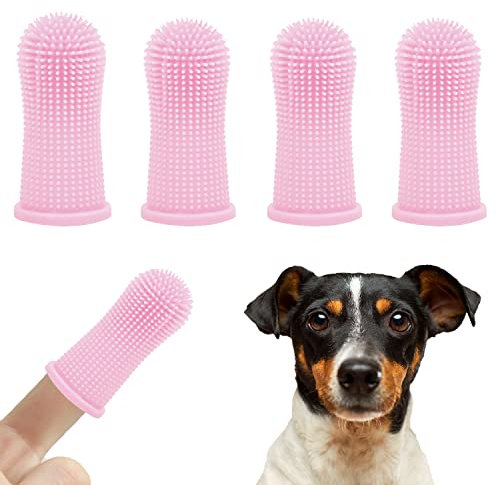 4 Pcs Dog Finger Toothbrush, Nontoxic Silicone Dog Toothbrush Finger 360°Full Surround Cat Toothbrush Finger Toothbrush Dog for Dog Cat Puppy Pet Dental Care Health (Pink)…