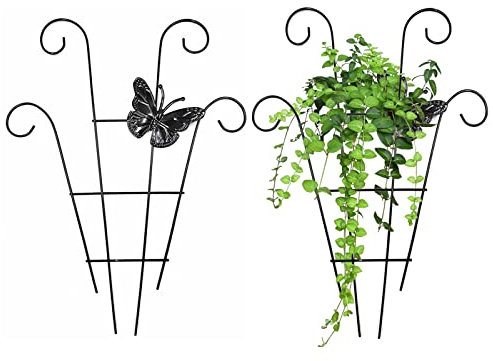 Flueyer 2 Pcs Plant Trellis for Climbing Plants outdoor, Black Coated Fan Pot Trellis with Butterfly Garden Metal Support Stake for Indoor Outdoor Vines Flower Vegetable