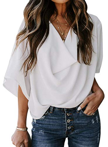 Minetom Damen Fledermaus Batwing Chiffonbluse Tunika T-Shirt Top Bluse Kurzarm Drapieren V Ausschnitt Sommer Loose Fit Hemd A Weiß 42