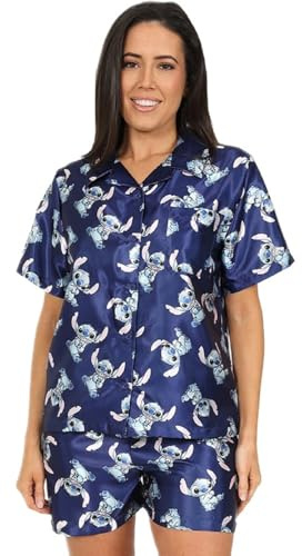 Disney Lilo & Stitch Ladies Short Satin Pyjama Set Summer Two Piece Pyjamas for Women Silk Satin sizes 8-18 (12-14) White