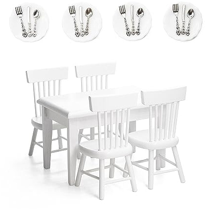 Odoria 1/12 Miniatur Tisch und Stühle Teller und Besteck Puppenhaus Küchenmöbel Zubehör, Weiß