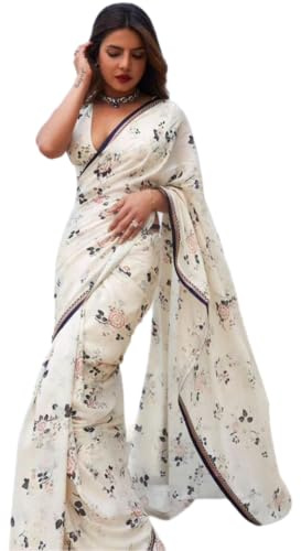 BE4ME.COM Alia bhatt Saree Rocky aur rani movie saree celebraty inspired manish malhotra partywear Georgette Printed saree (White 3)