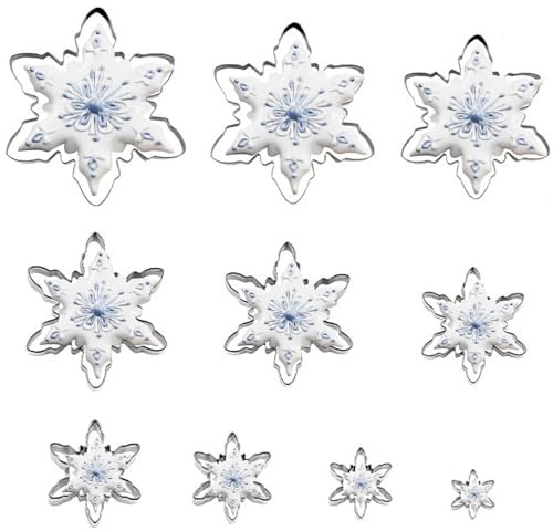 Snowflake Cookie Cutter Set of 10 pcs, Stainless Steel Snowflake Shaped Christmas Cookie Cutters Fondant Baking Molds, From Large Size/7.9 Inches to Small Size/1.6 Inches