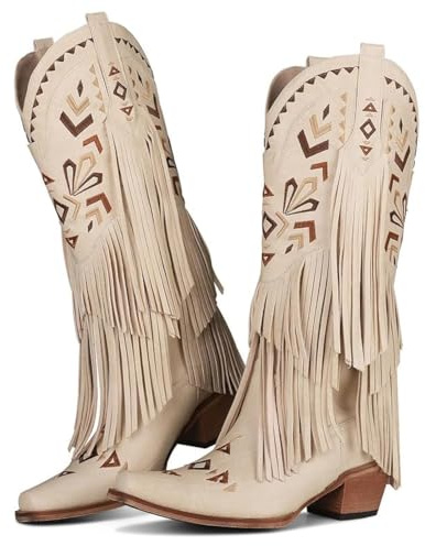 SaraIris Women's Cowgirl Boots Knee High Fringe Boots Tassel Western Boots Classic Embroidered Boots Chunky Heel Pointed Toe Pull On Cowboy Boots for Women
