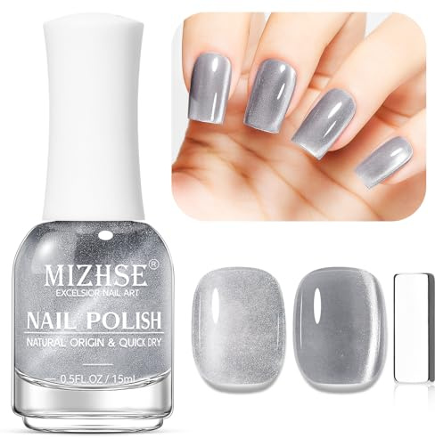 MIZHSE Silber Cat Eye Nagellack mit 1 Magnet TPO HEMA Frei Silver Holografisch Glitzer Katzenauge Nagellack, Reflektierend Magnetisch Schnelltrocknend Oil Based Nail Polish Ohne UV Lampe 15ML