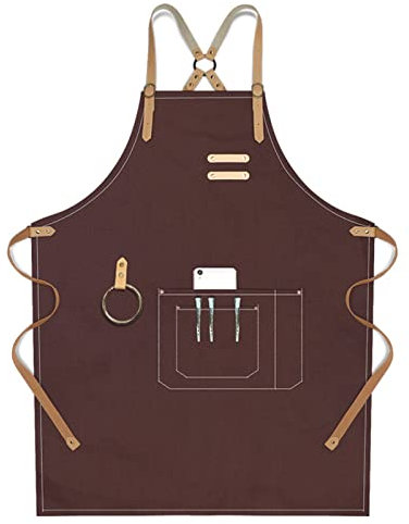 ECOLFE Schürzen für Männer, Arbeitsschürze, Segeltuchschürze, Werkstatt-Werkzeugschürze mit verstellbaren Trägern for Friseur, Küche, Gärtner, Café (Farbe: Grau, Größe: XL)(Color:Brown)